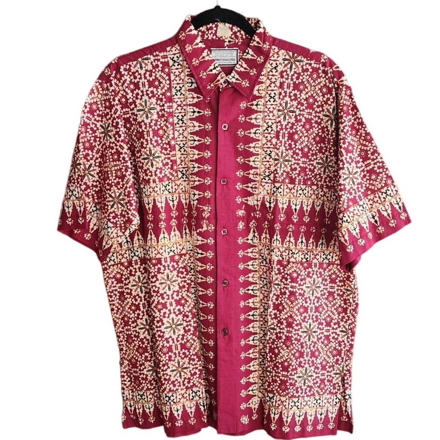 Vintage Mens 60s Tiki Print Shirt Winotosastro Red Batik Hawaiian Style / L