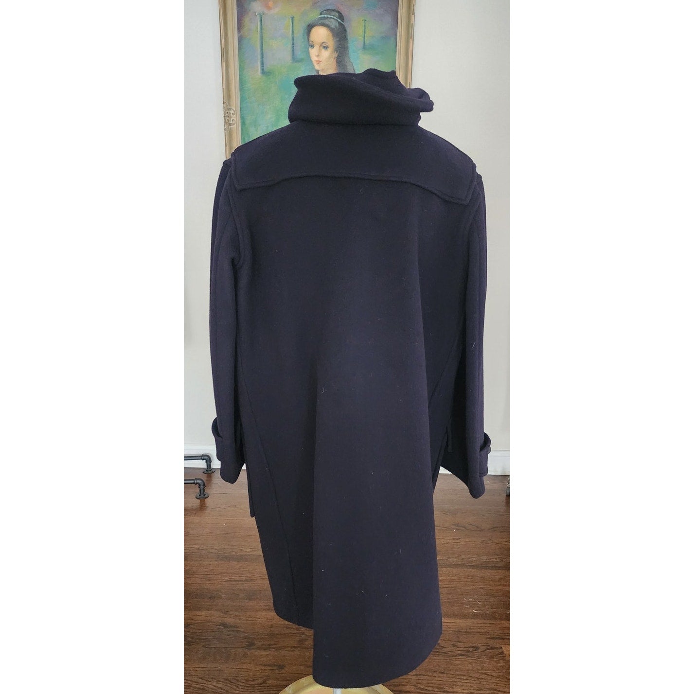 Vintage 1990s Mens Duffle Coat Lands End Navy Blue Wool Hooded w/Toggle Closure