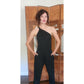 Vintage 1970s Genny by Gianni Versace Jumpsuit Asymmetric Black Rayon One Shoulder Snakeskin Trim Small