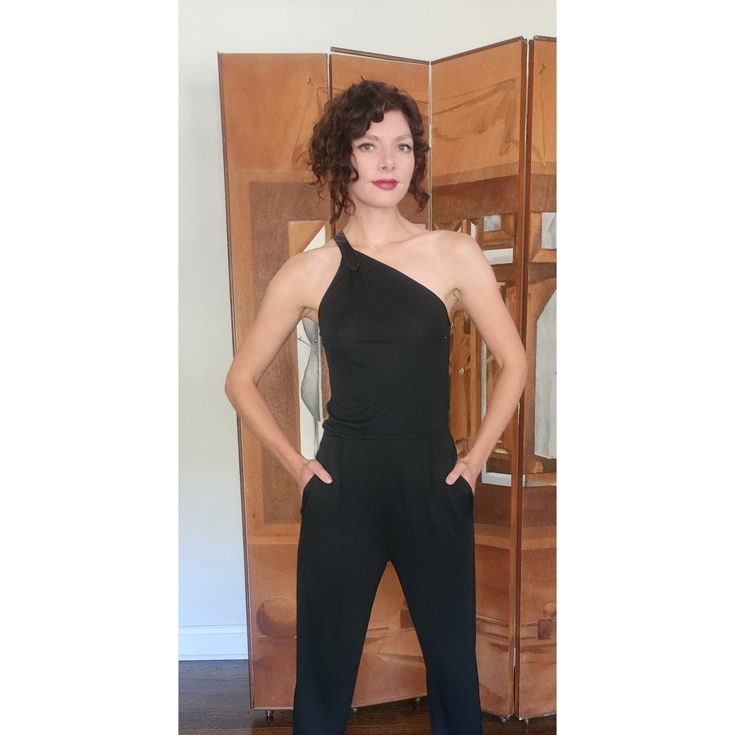 Vintage 1970s Genny by Gianni Versace Jumpsuit Asymmetric Black Rayon One Shoulder Snakeskin Trim Small