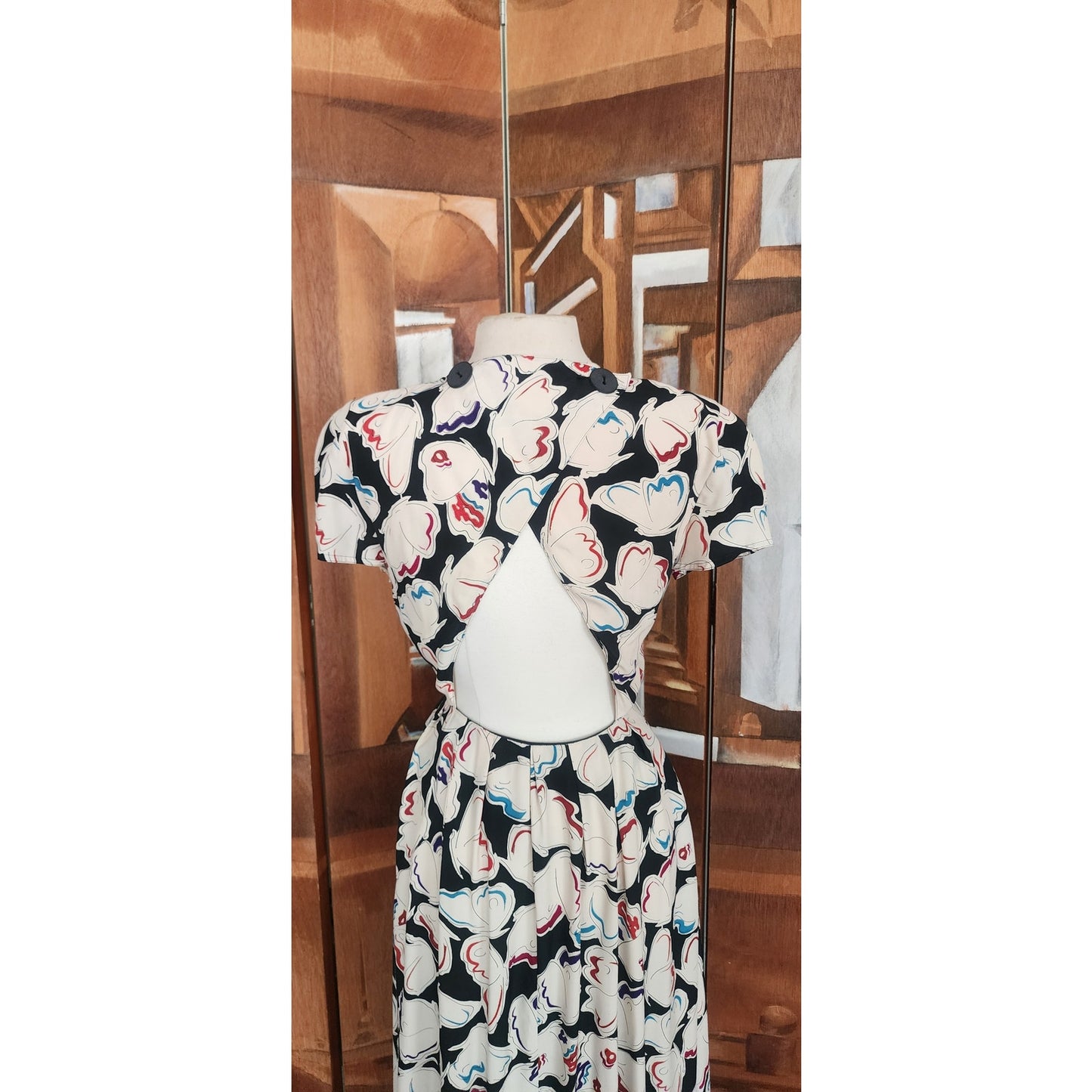 Vintage 1980s Krizia Dress Silk Puff Sleeve Open Back Geometric Abstract Midi