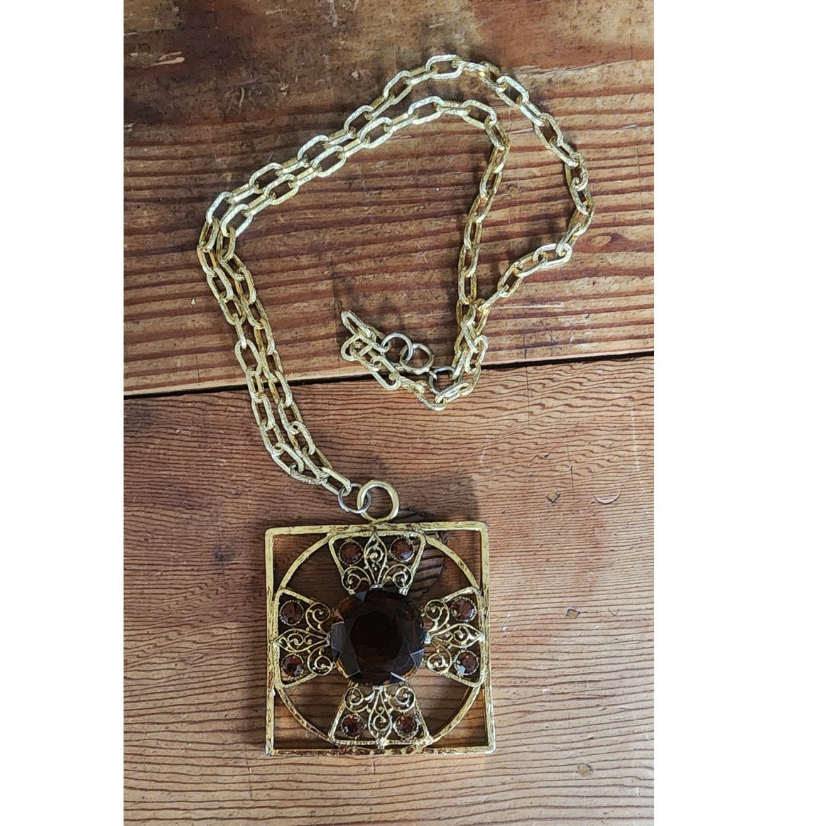 Vintage 1960s Maltese Cross Necklace Baroque Pendant Purple Brown Gold Maximalist Boho