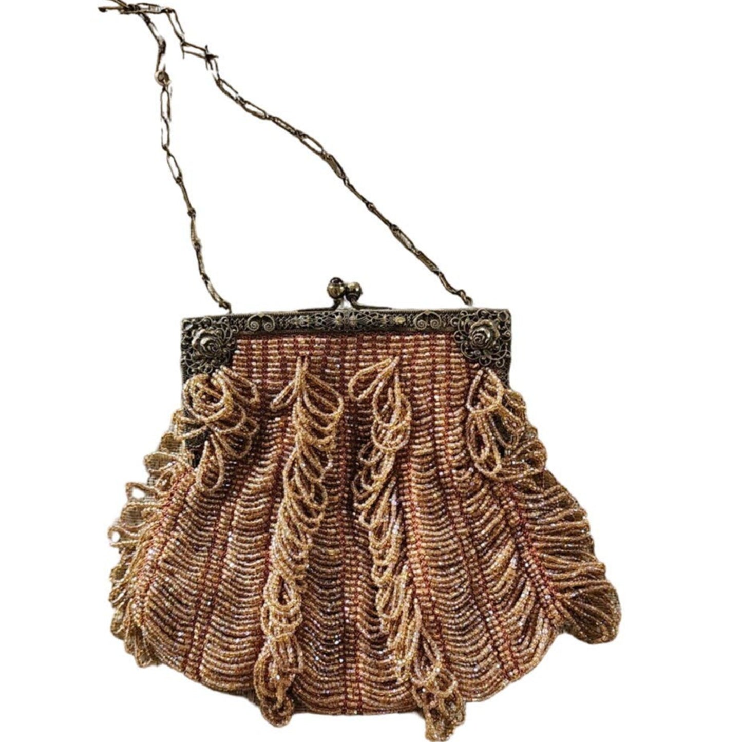 Vintage 1910s Glass Bead Bag Copper Looped Fringe France