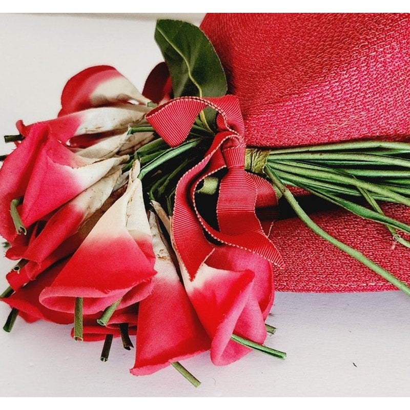 Vintage 40s Hat Red Straw & Flowers Myn-Rose Millinery