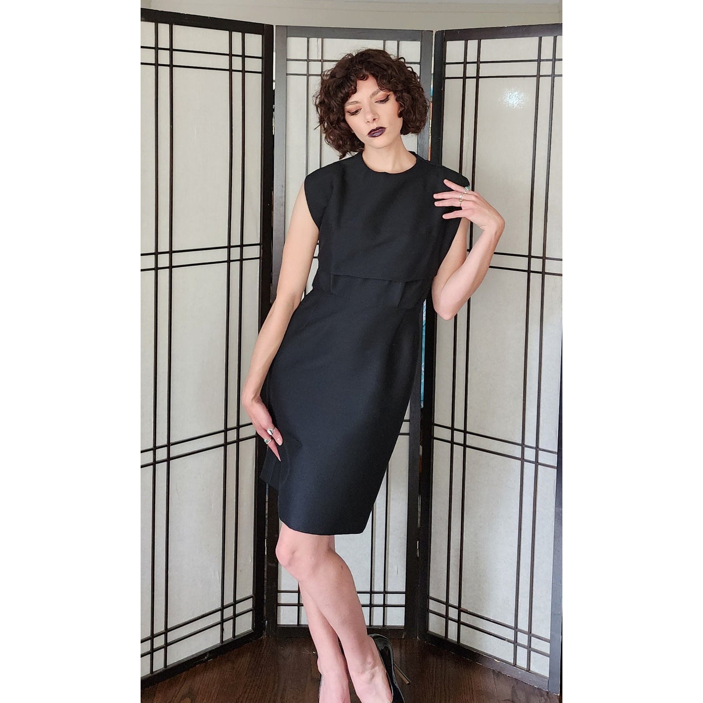 Vintage 60s Black Mod Dress in Tailored Wool, Sleeveless, M