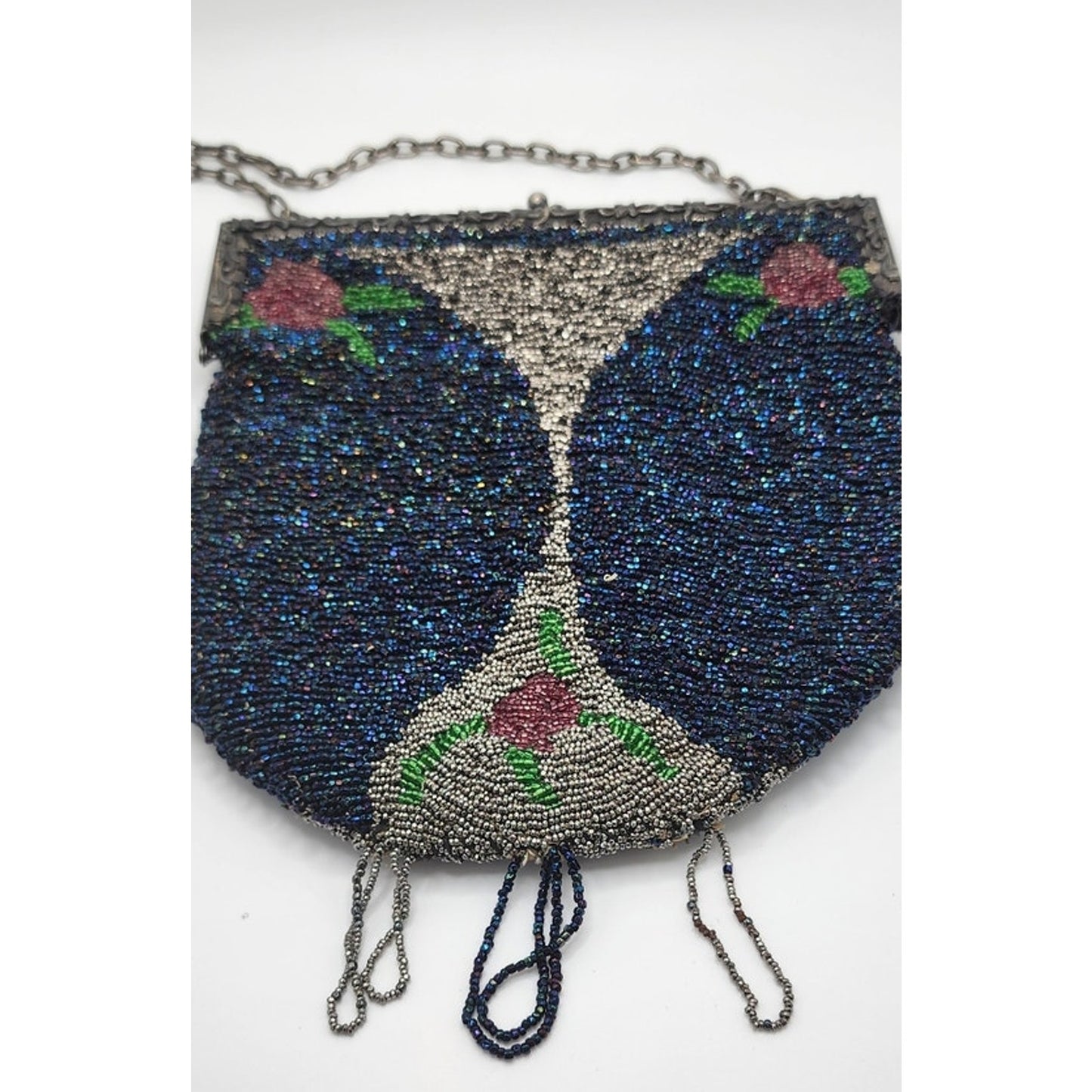 Vintage 1920s Beaded Bag Blue Silver Flapper Purse Martini Glass Design