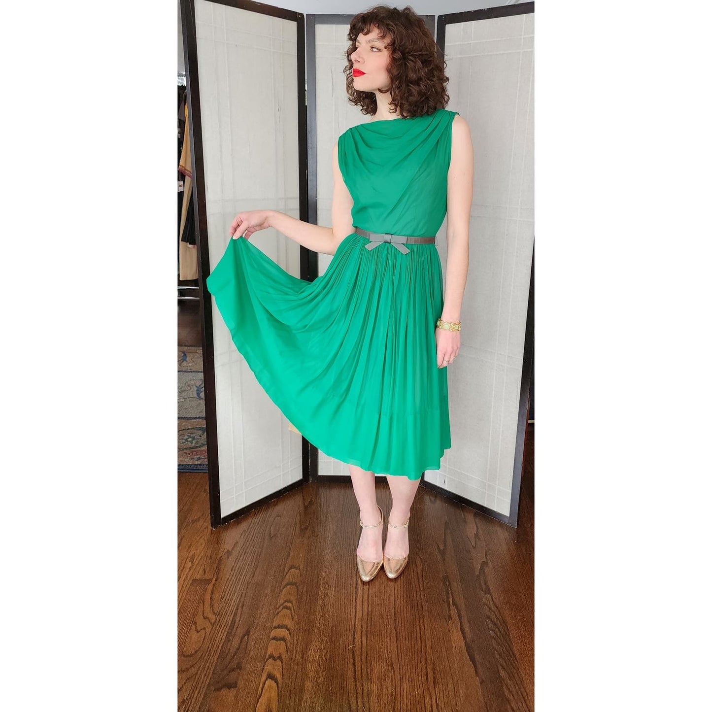 Vintage 50s Green Chiffon Party Dress L'Aiglon