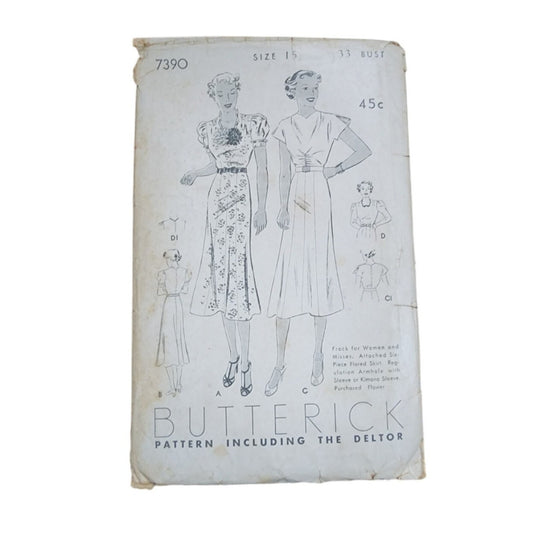Vintage 1930s Dress Sewing Pattern ORIGINAL Butterick 7390 Short Sleeve Belted Frock