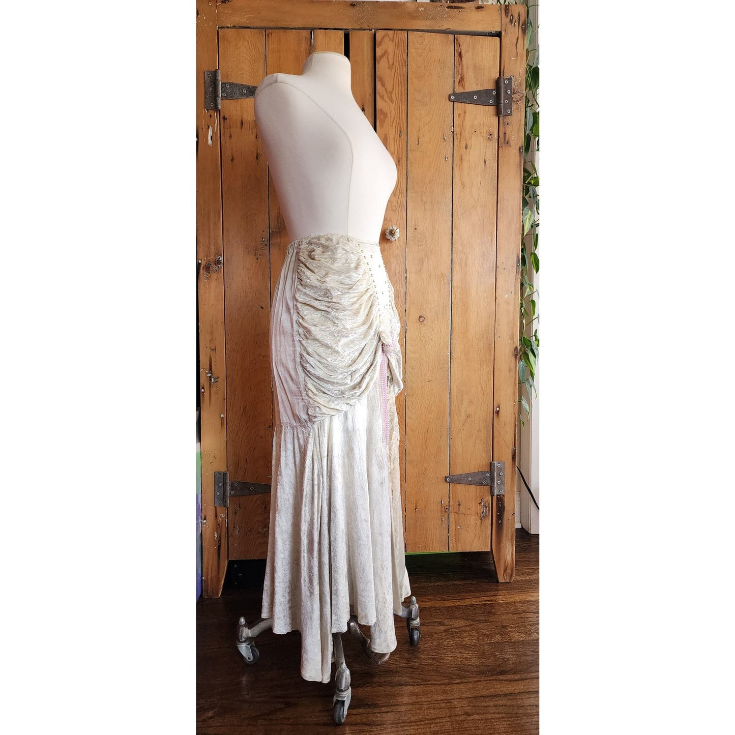 Vintage 80s Long Velvet Skirt Maick Harold, Asymmetrical w/Lace, Beads