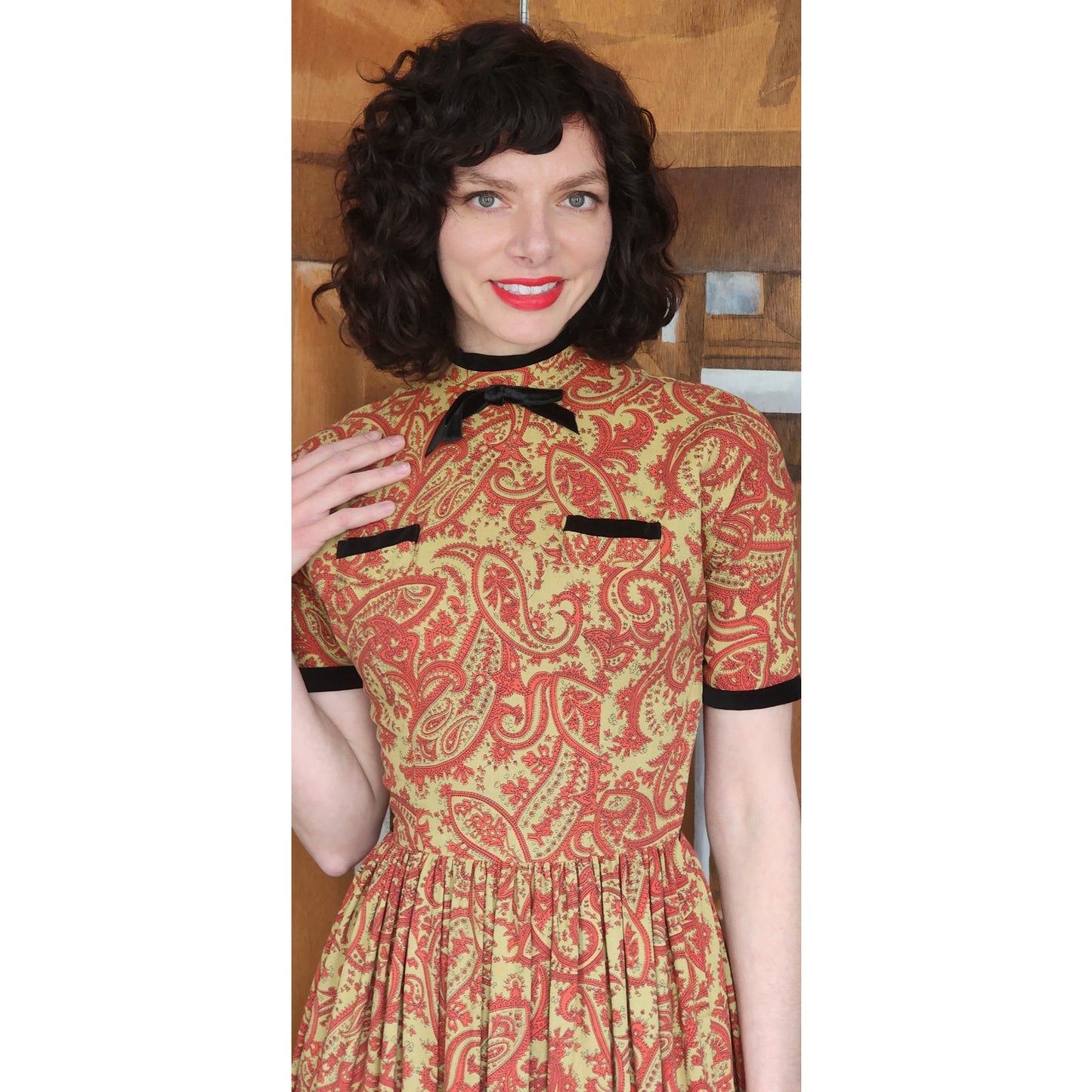 Vintage 50s Orange Paisley Print Midi Dress Carole King Junior Fashions / XS