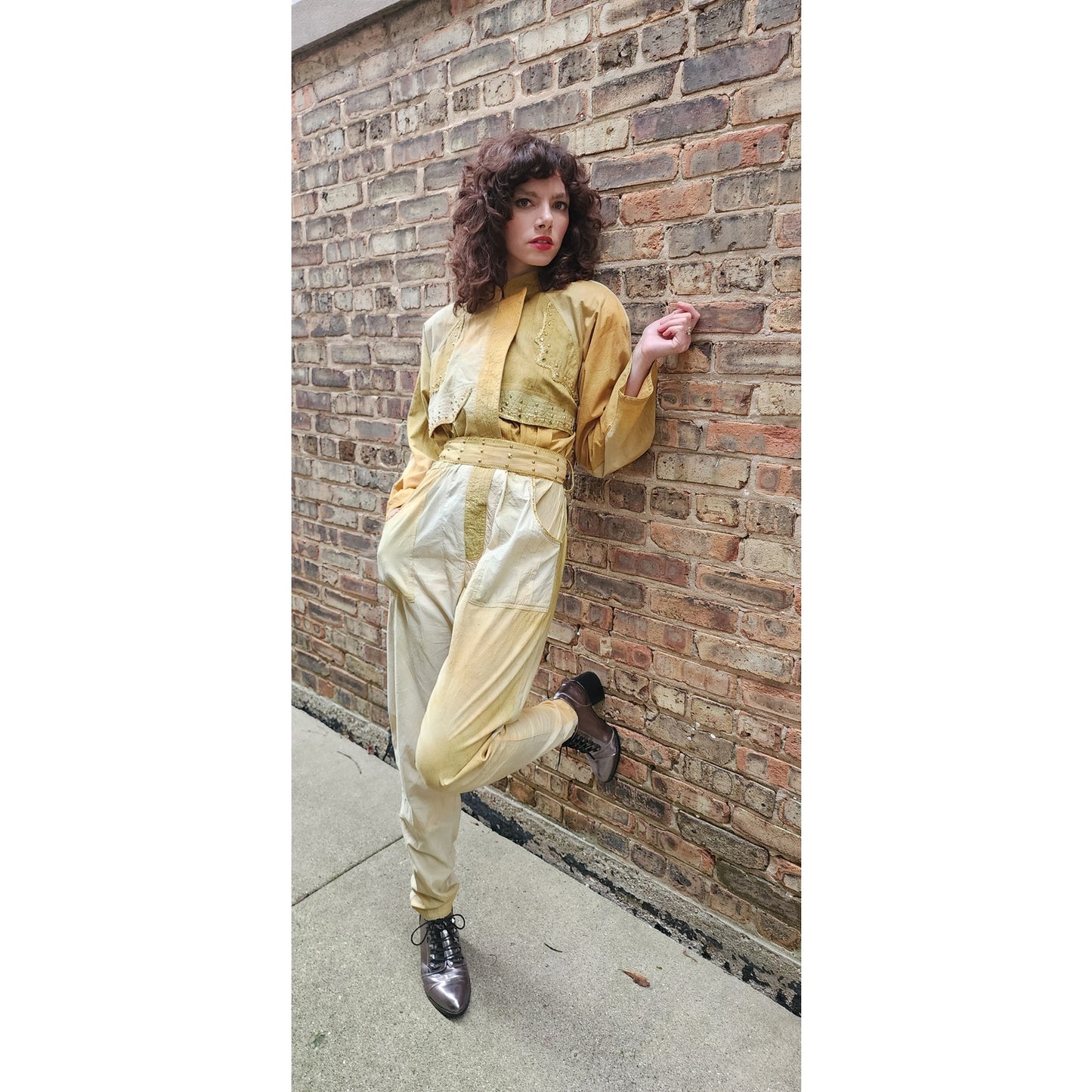 Vintage 80s Jumpsuit Yellow Gold Ombre w/Embroidered Studs Varda Garfinkel