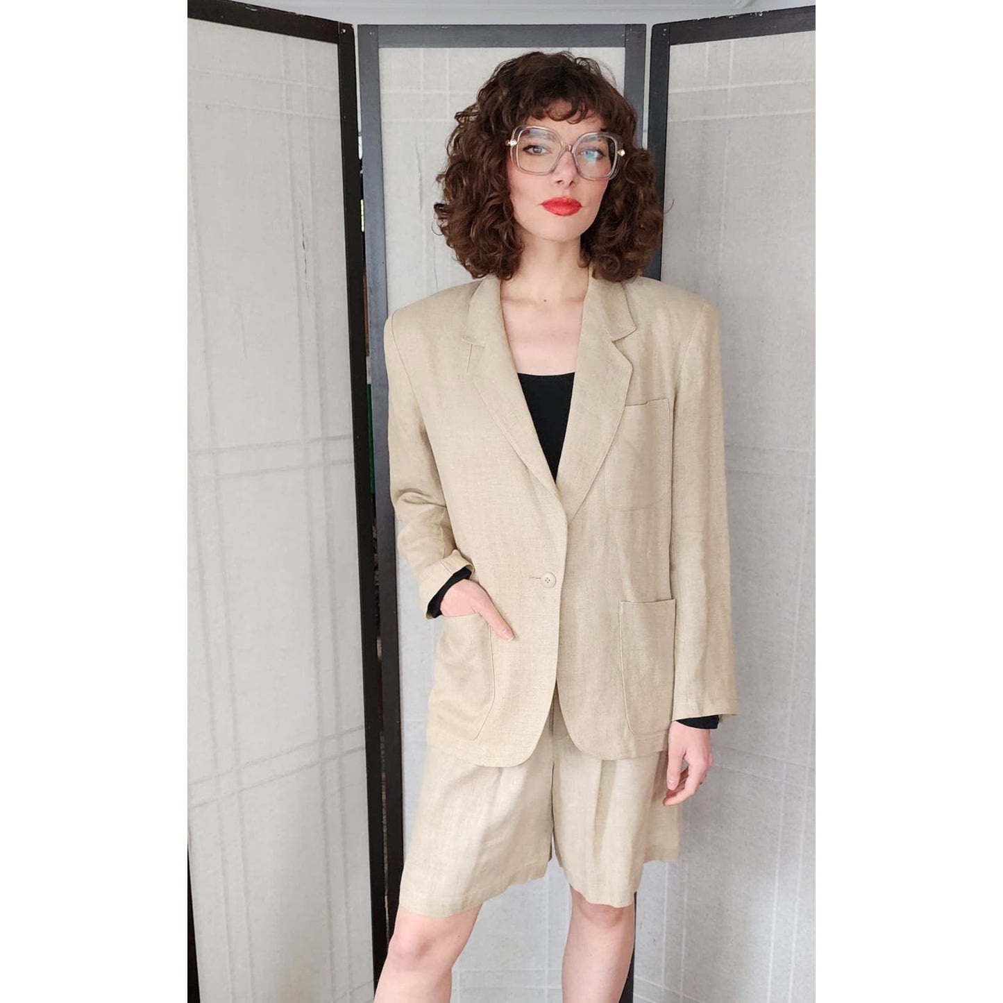 80s Calvin Klein Shorts + Blazer Suit Set Beige Linen