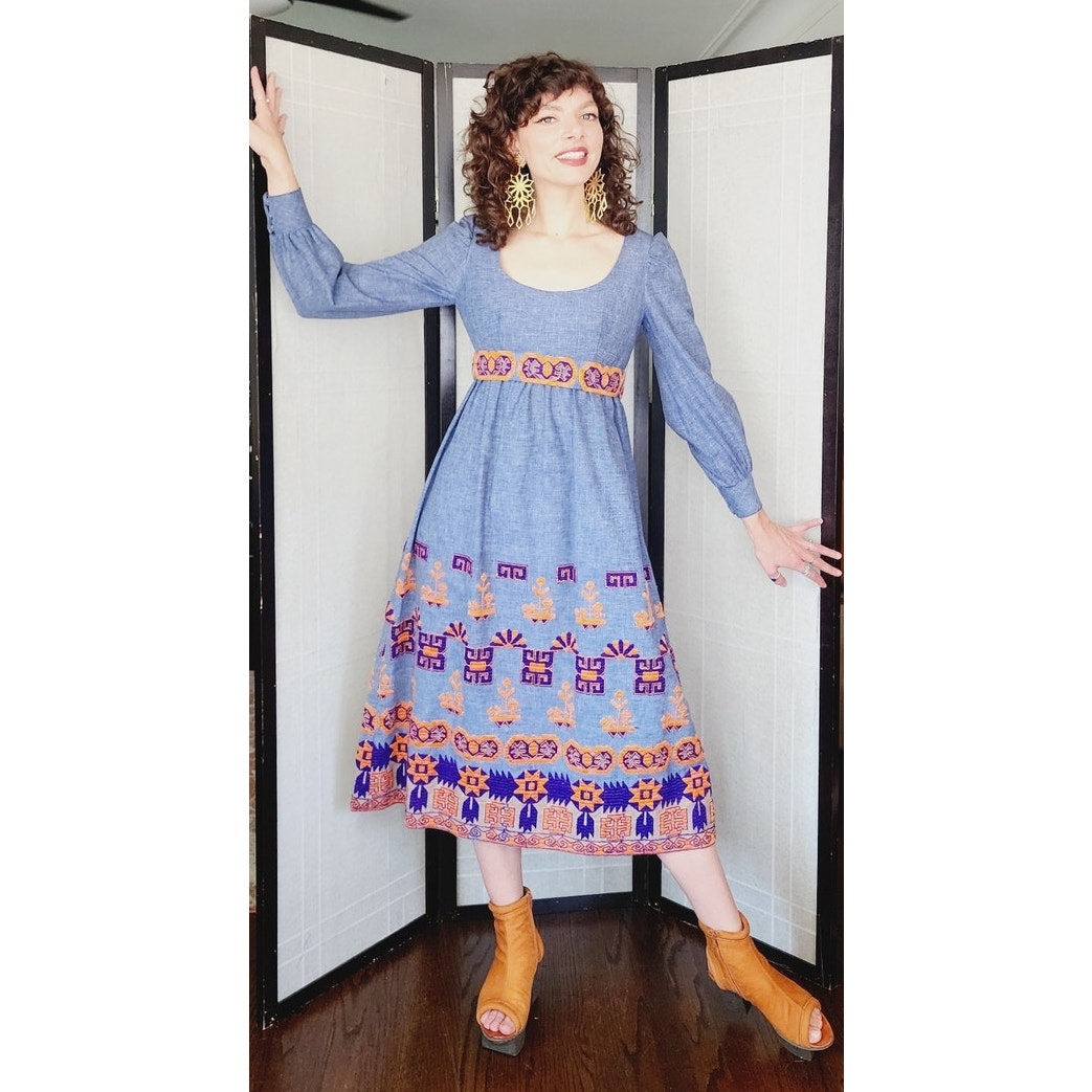 Vintage 70s Embroidered Boho Dress Peasant Style w/Belt Sash Joan Leslie Kasper