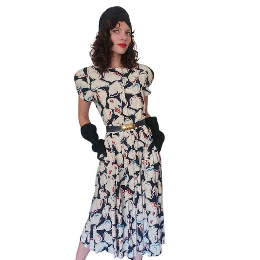 Vintage 1980s Krizia Dress Silk Abstract Print Puff Sleeves Open Back Midi IT 40