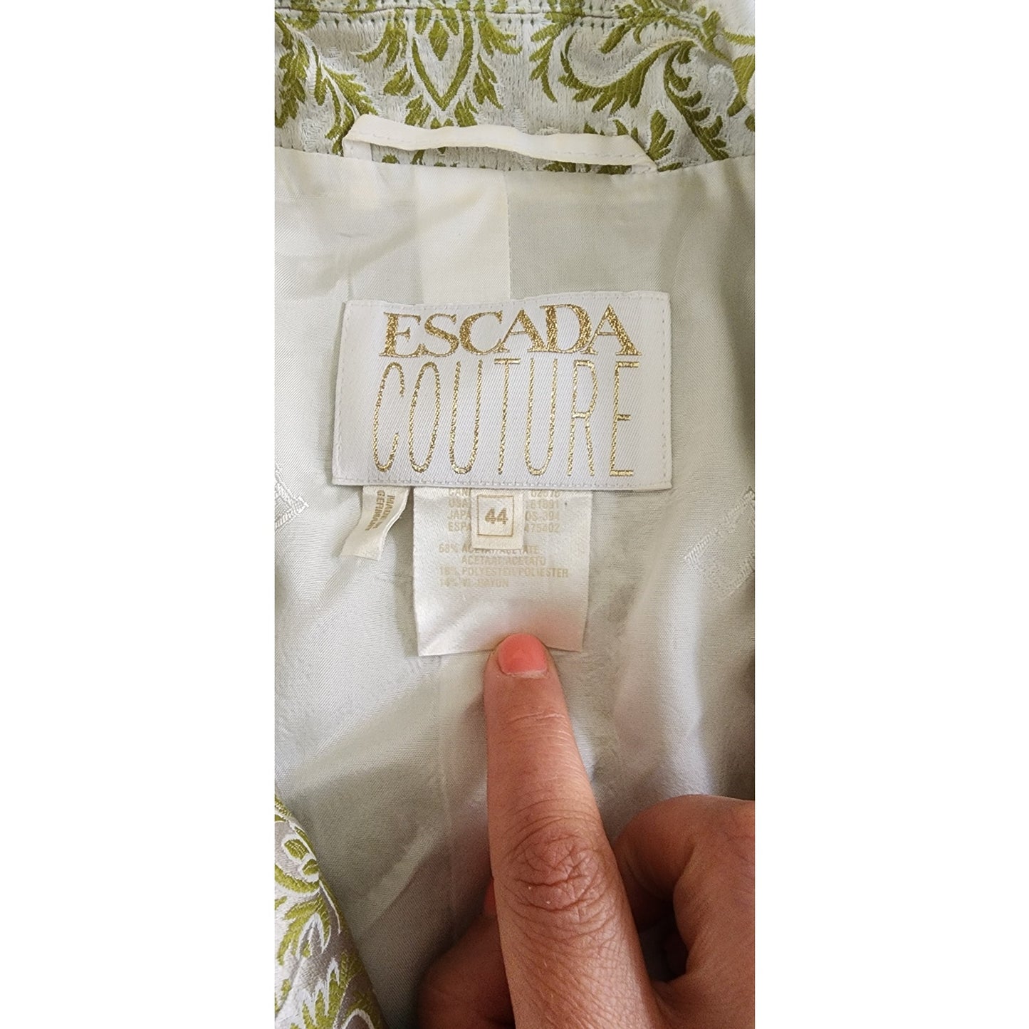 Vintage 1980s ESCADA COUTURE Skirt Suit Green Cream Silk Jacquard Leafy Print / L