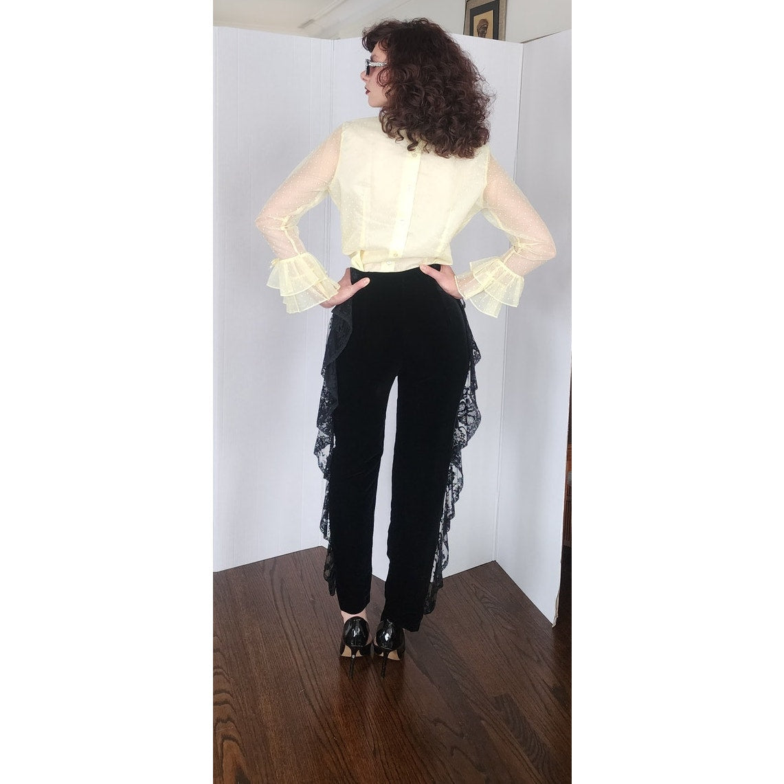 Vintage 80s Valentino Pants Black Velvet w/Race Ruffled Trim