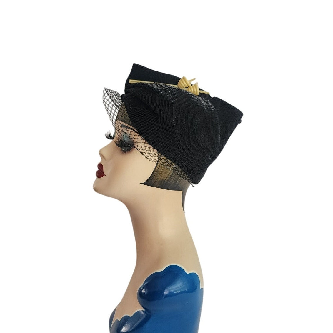 Vintage 30s Art Deco Style Hat Black w/Cream Lucite Modernist Design