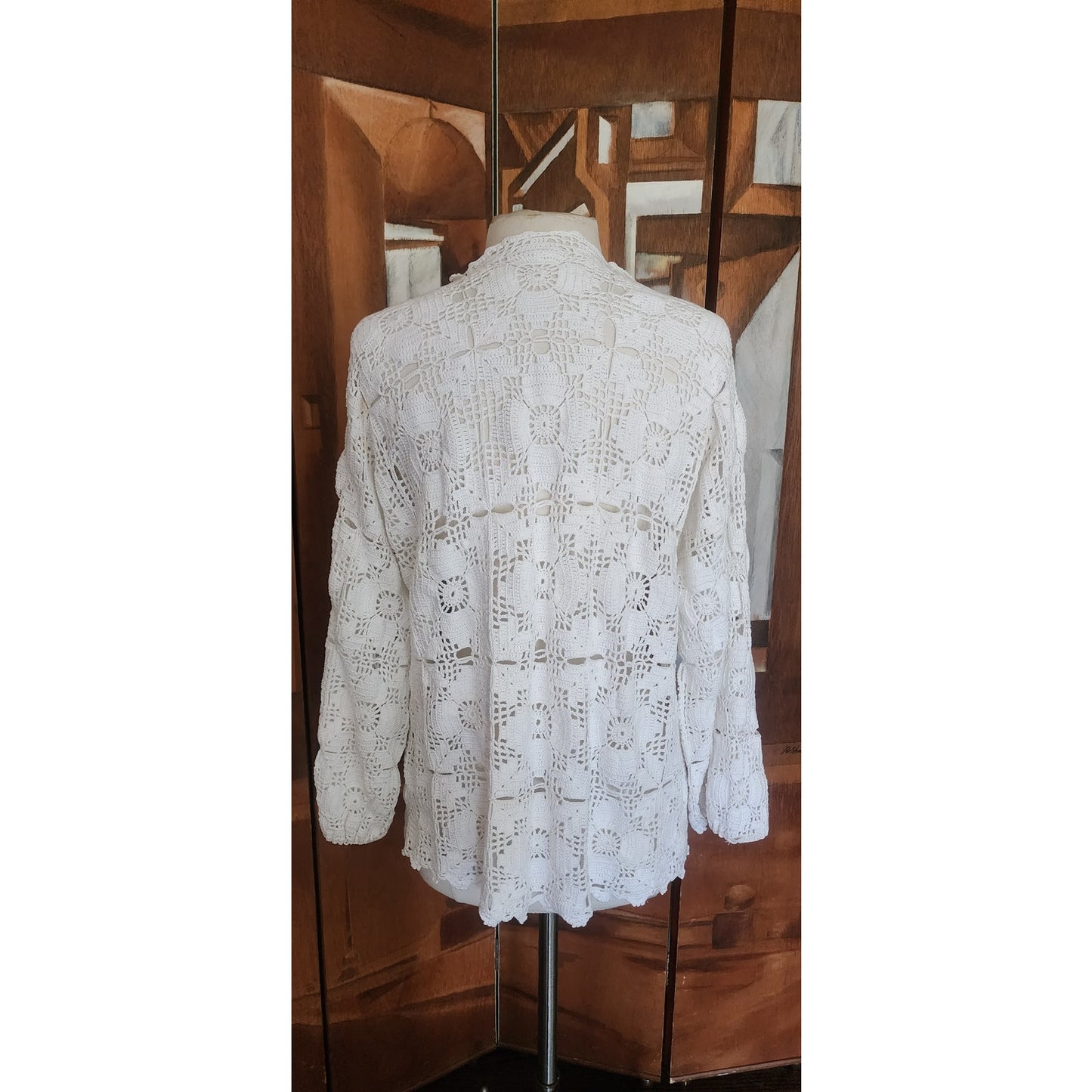 Vintage Crochet Blazer White Openwork Knit Cardigan Jacket w/Collar