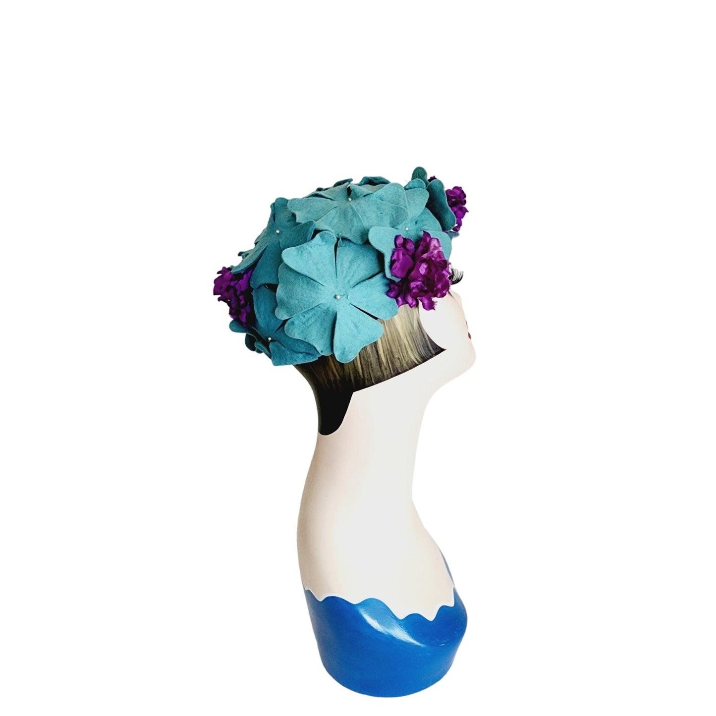 Vintage 50s Flower Hat Felt Petals Blue Purple Hattie Carnegie