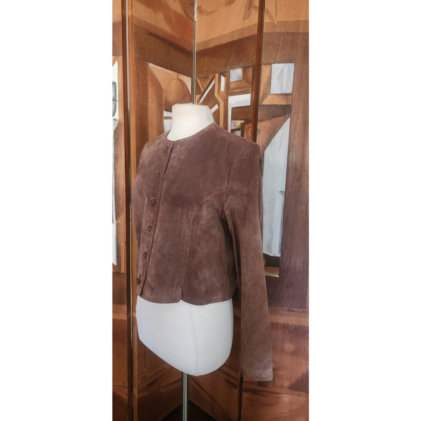 Vintage 1990s Cropped Blazer Brown Suede Jacket Carroll Reed Large