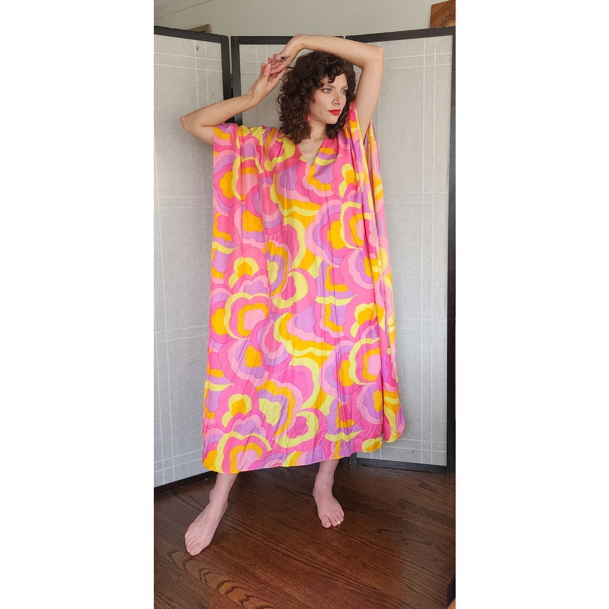 60s Silk Caftan Dress Pink Yellow Psychedelic Print Lord & Taylor