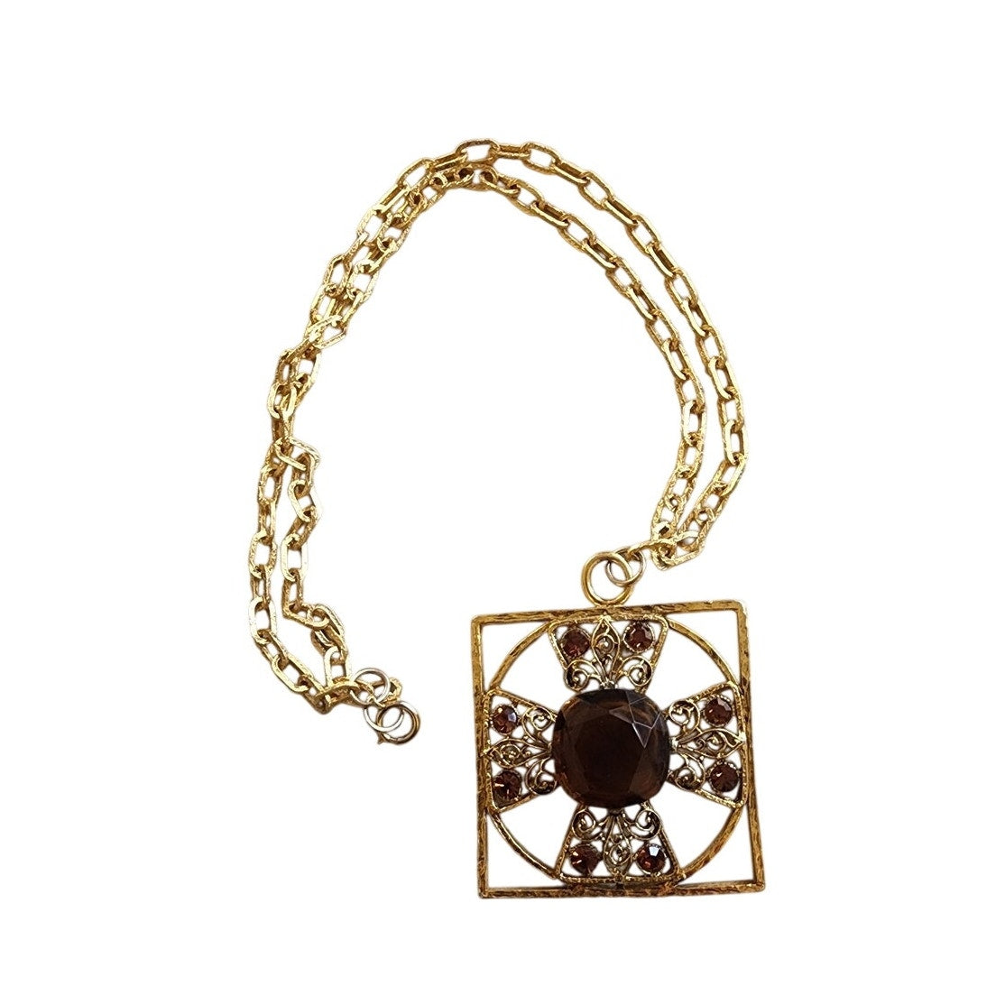 Vintage 60s Baroque Pendant Necklace Maltese Cross Gold Amber Brown Glass