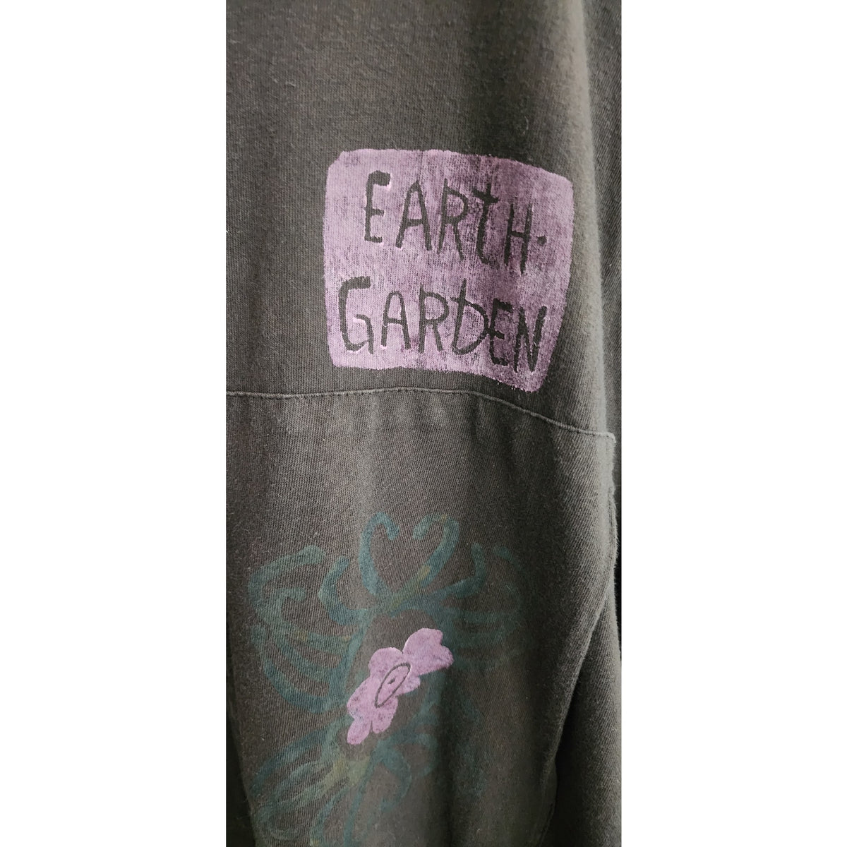 Vintage 1990s Blue Fish Top Cardigan 1999 Earth Garden Gray Linen Patchwork Hand Painted V Neck