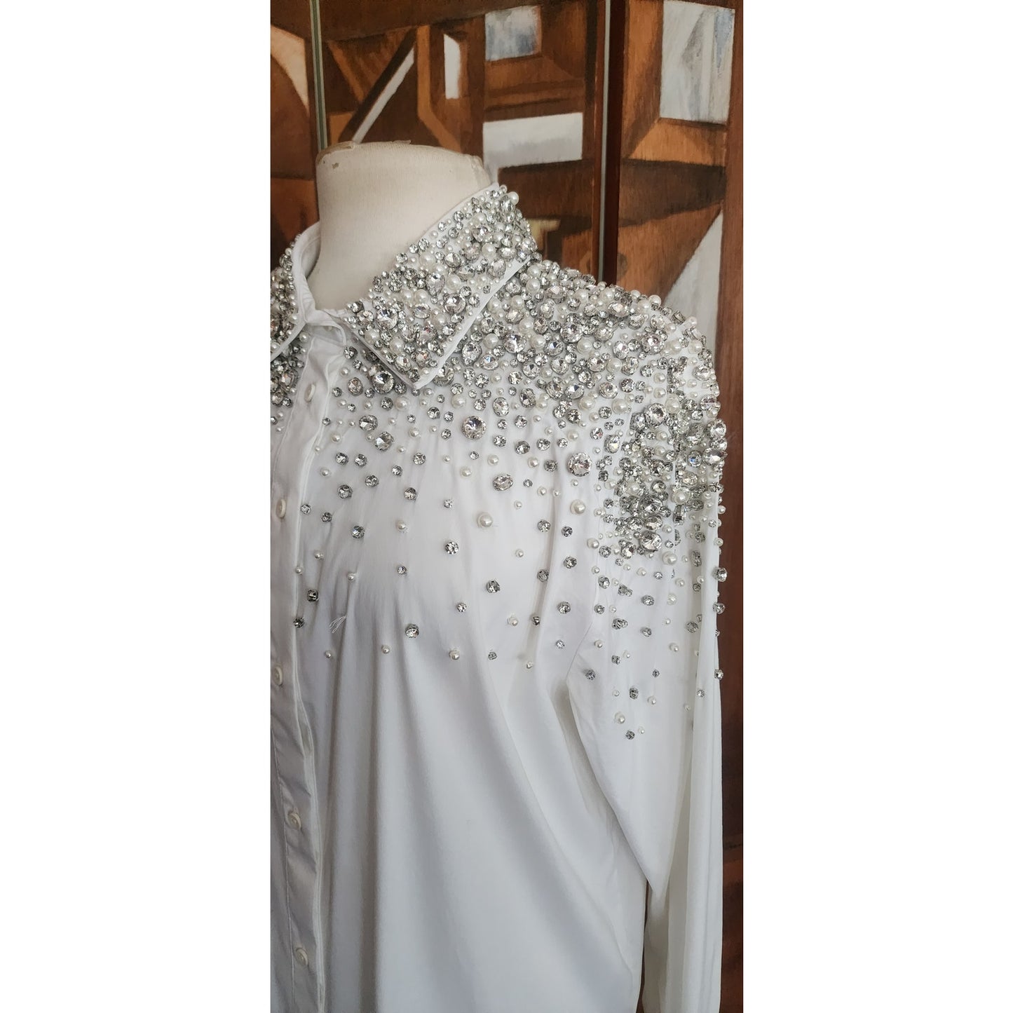 Alice + Olivia White Shirt Embellished Silver Rhinestone Crystal Beads Long Sleeve Button Down