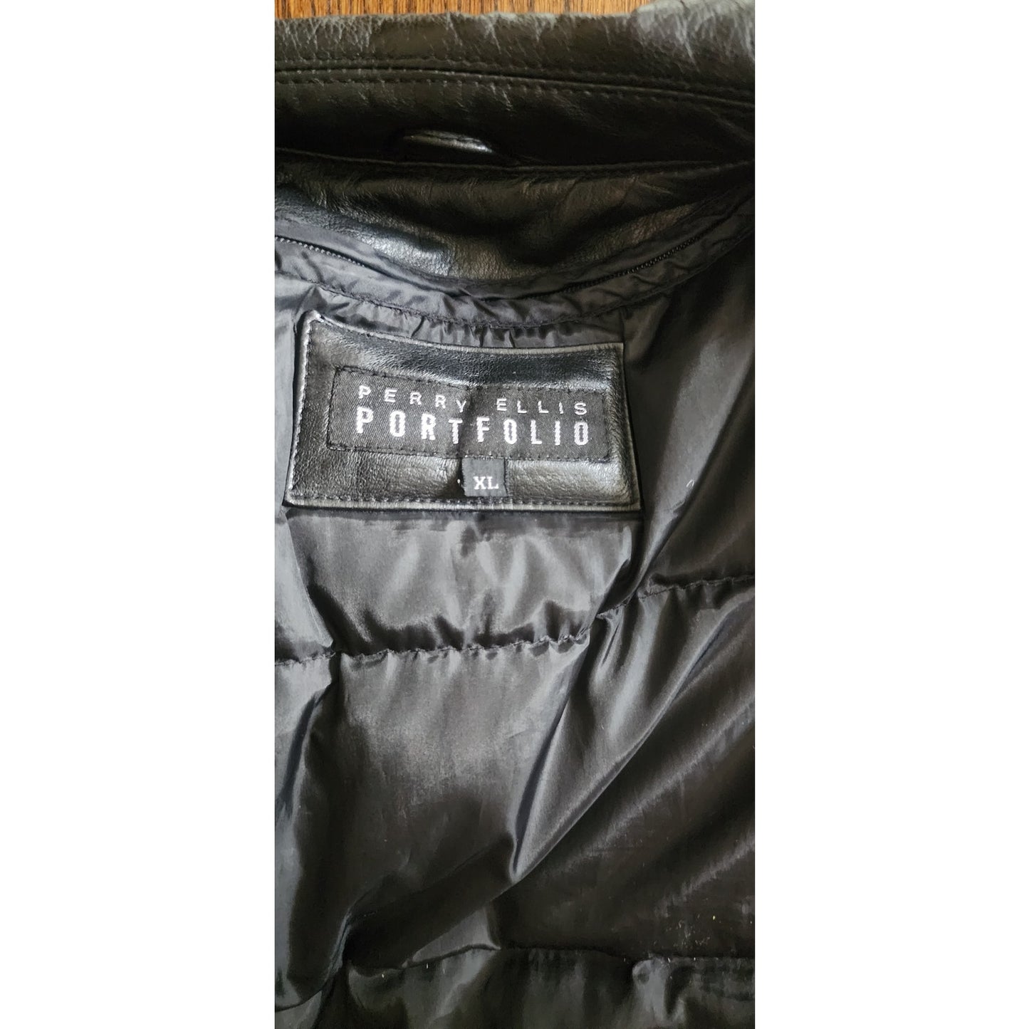 Vintage 1990s Perry Ellis Portfolio Jacket Leather Collared Full Zip Duckdown Liner XL