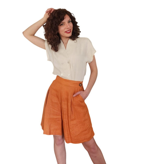 Vintage 80s Orange Linen Dress Shorts Pleated Front by Perlie / M