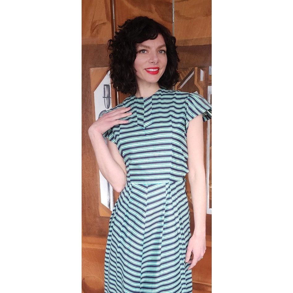 Vintage 50s Striped Fit and Flare Midi Day Dress Green Black Short Sleeves