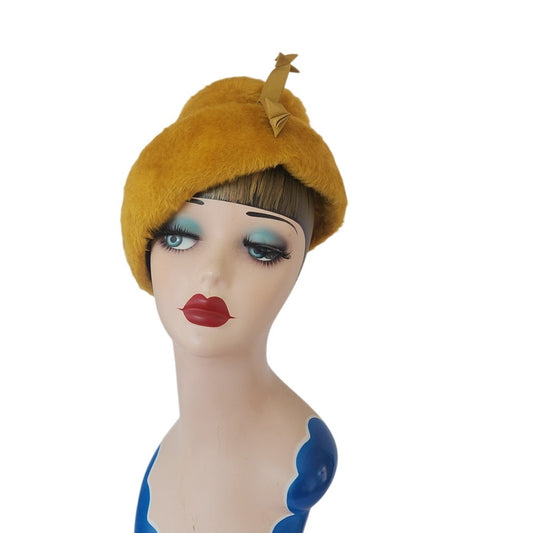 Vintage 60s Yellow Hat Sally Victor Fuzzy Wool Mod