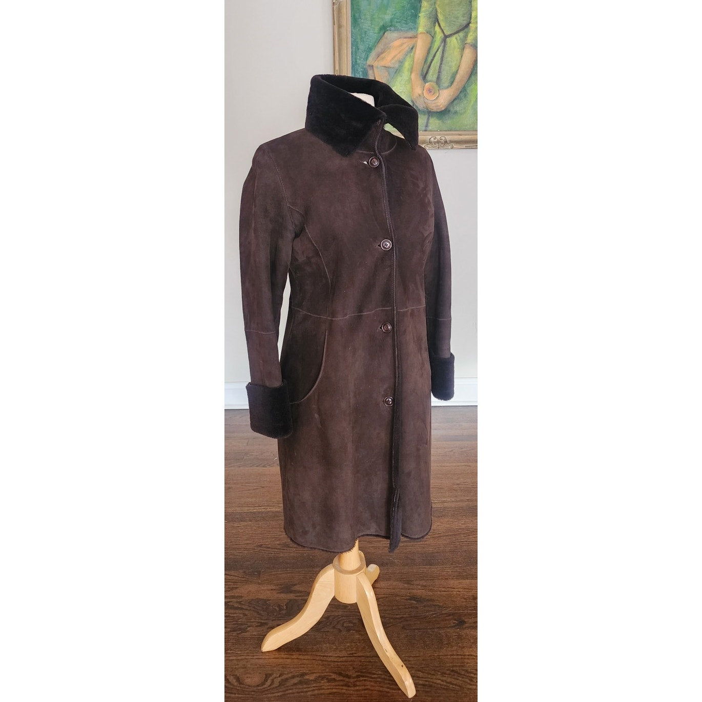 Vintage Cole Haan City Shearling Coat Brown Suede Sheepskin Parka Small