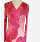 Vintage 1970s Maxi Dress Pink Red Geometric Print Rayon Jersey Stretch