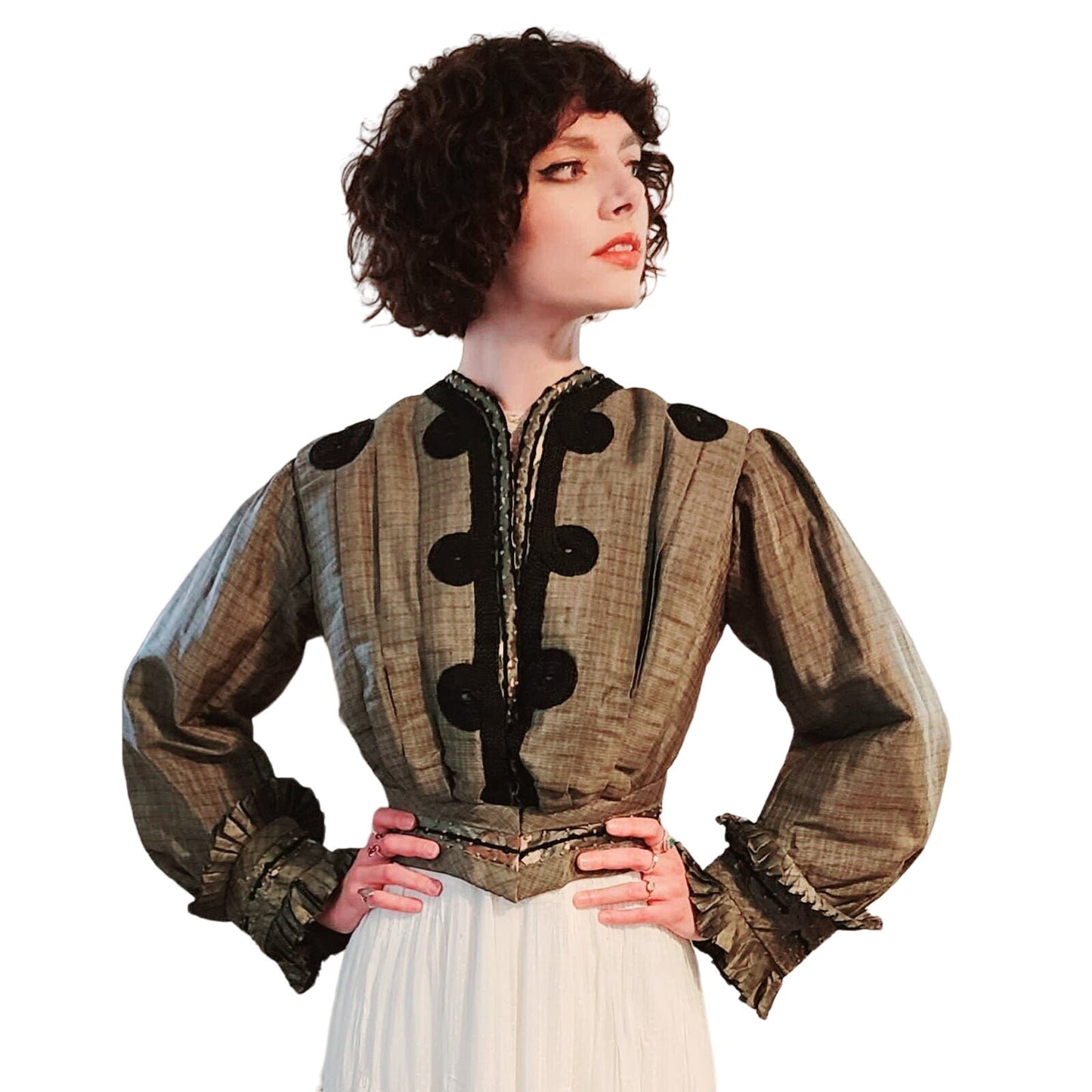 Antique Ladies Jacket Edwardian 1900s 1910s Gray Silk Black Coiled Trim