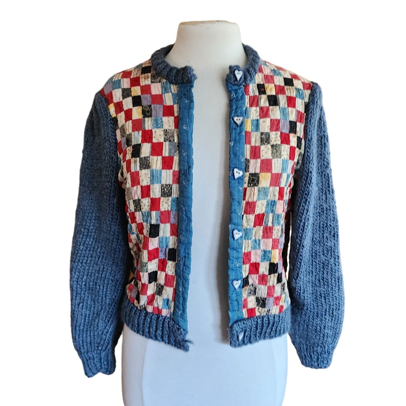 Vintage 70s Cardigan with Early 1900s Upcycled Quilt Patchwork