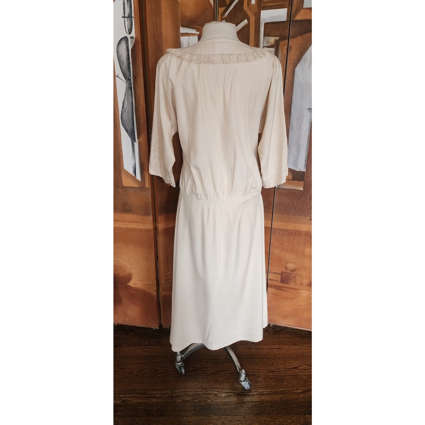 Vintage 1980s Cream Silk Dress Lace Trim Drop Waist Edwardian Style Norma Walters