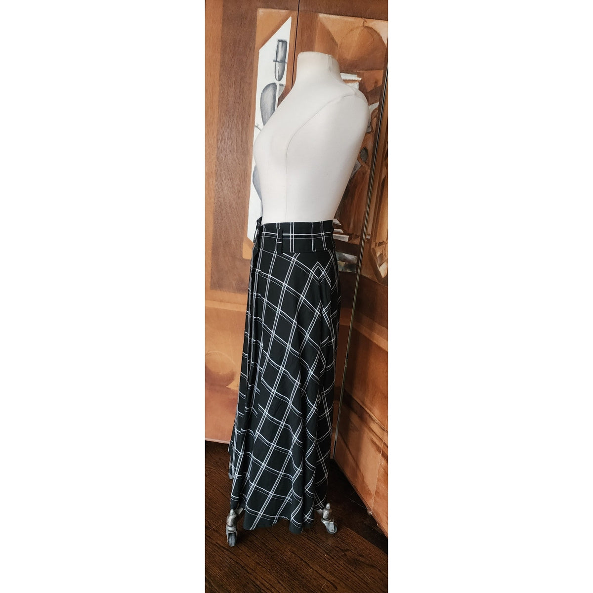 Vintage 1990s Anne Klein II Long Skirt Black Linen White Plaid Button Down / M