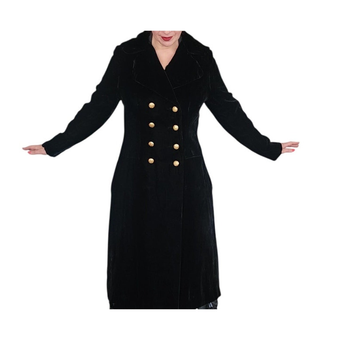 Vintage 1960s Black Velvet Opera Coat Double Breasted Gold Buttons