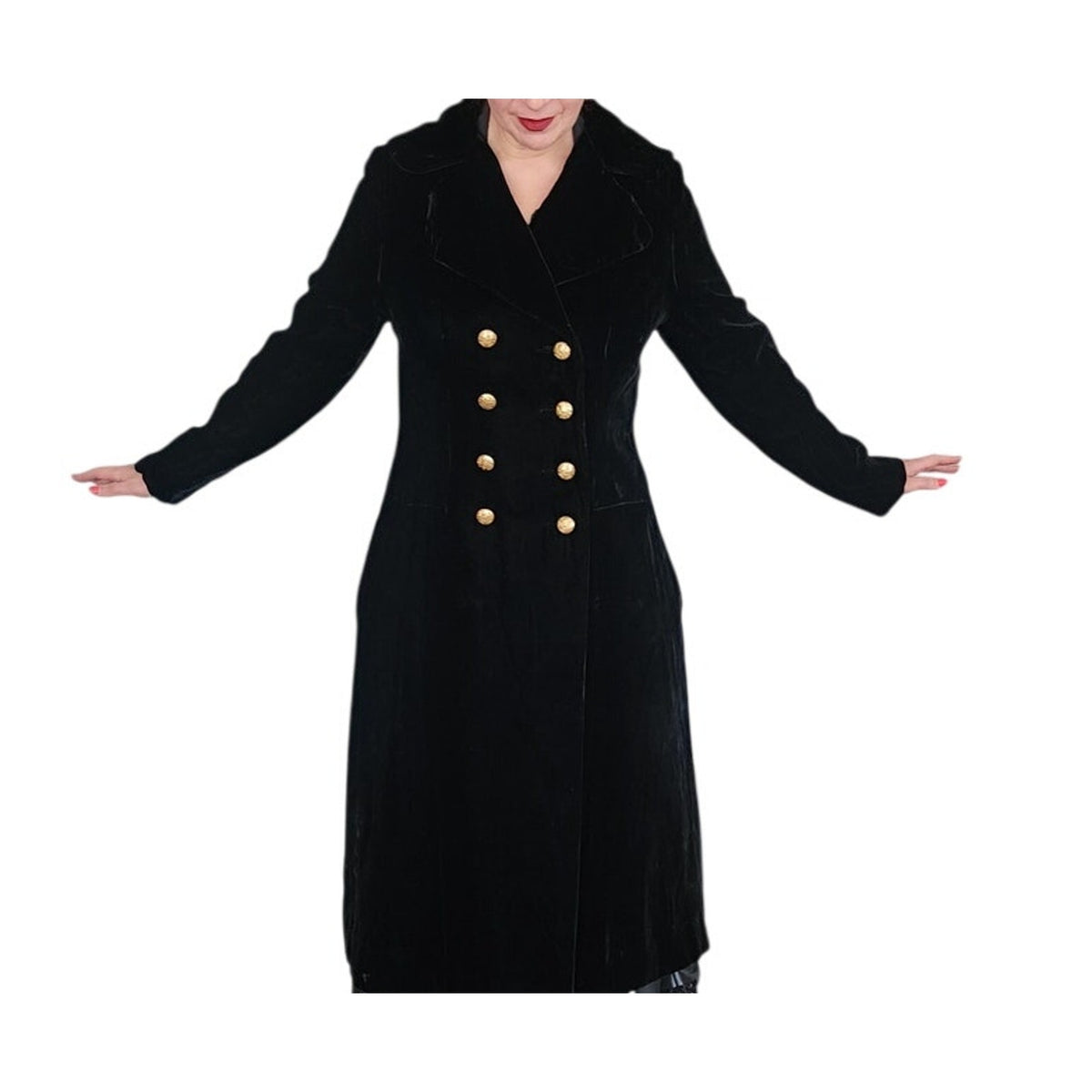 Vintage 1960s Black Velvet Opera Coat Double Breasted Gold Buttons