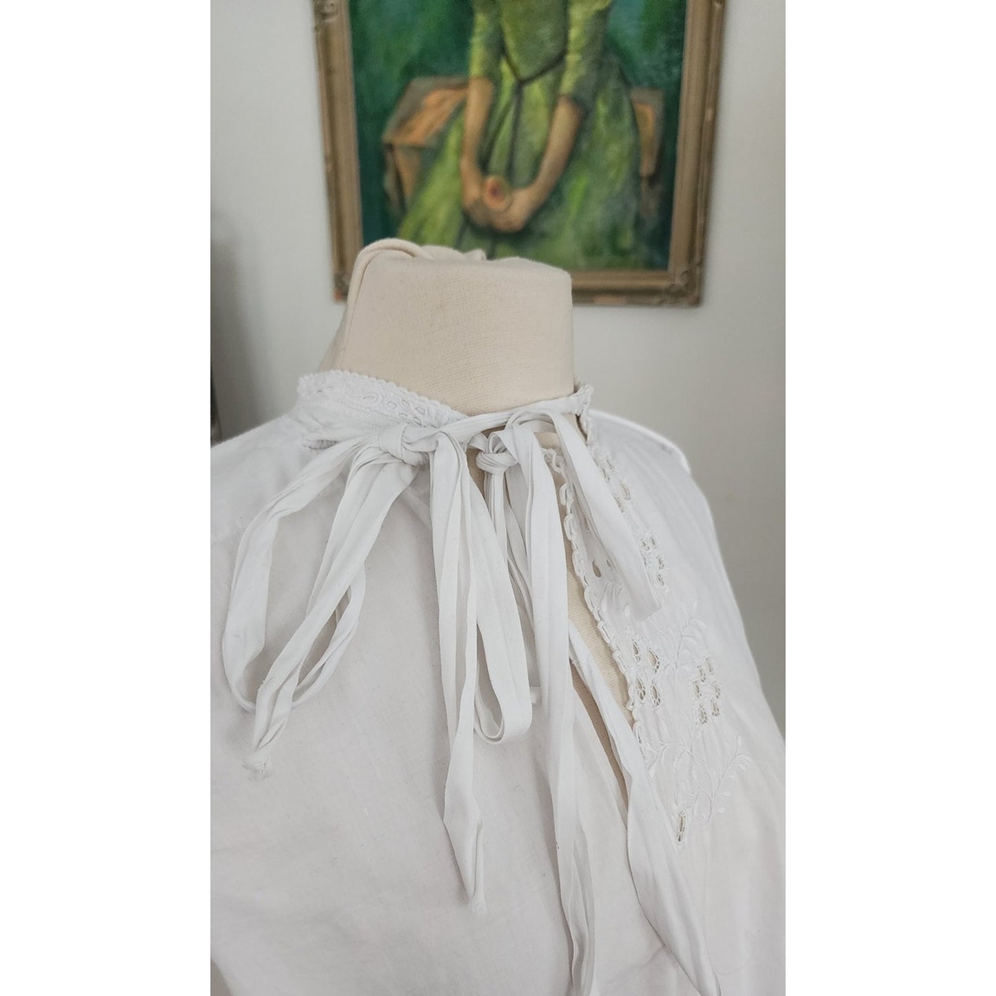 Antique Edwardian Poet's Blouse White Cotton Tunic Shirt w/ Embroidered Crochet Lace Sash Tie