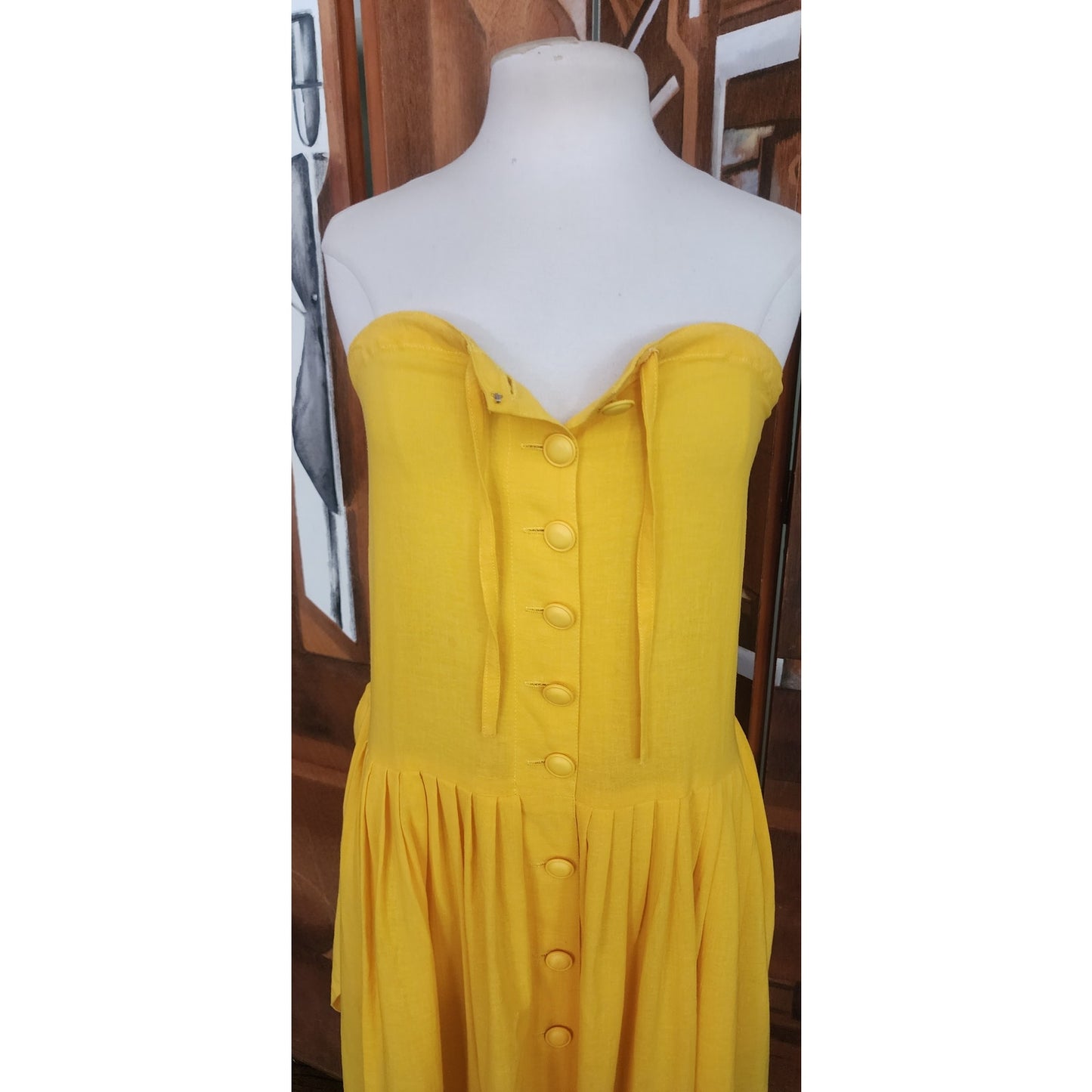 Vintage 80s Sonia Rykiel Strapless Dress Yellow Cotton Button Front Sash Belt Waist