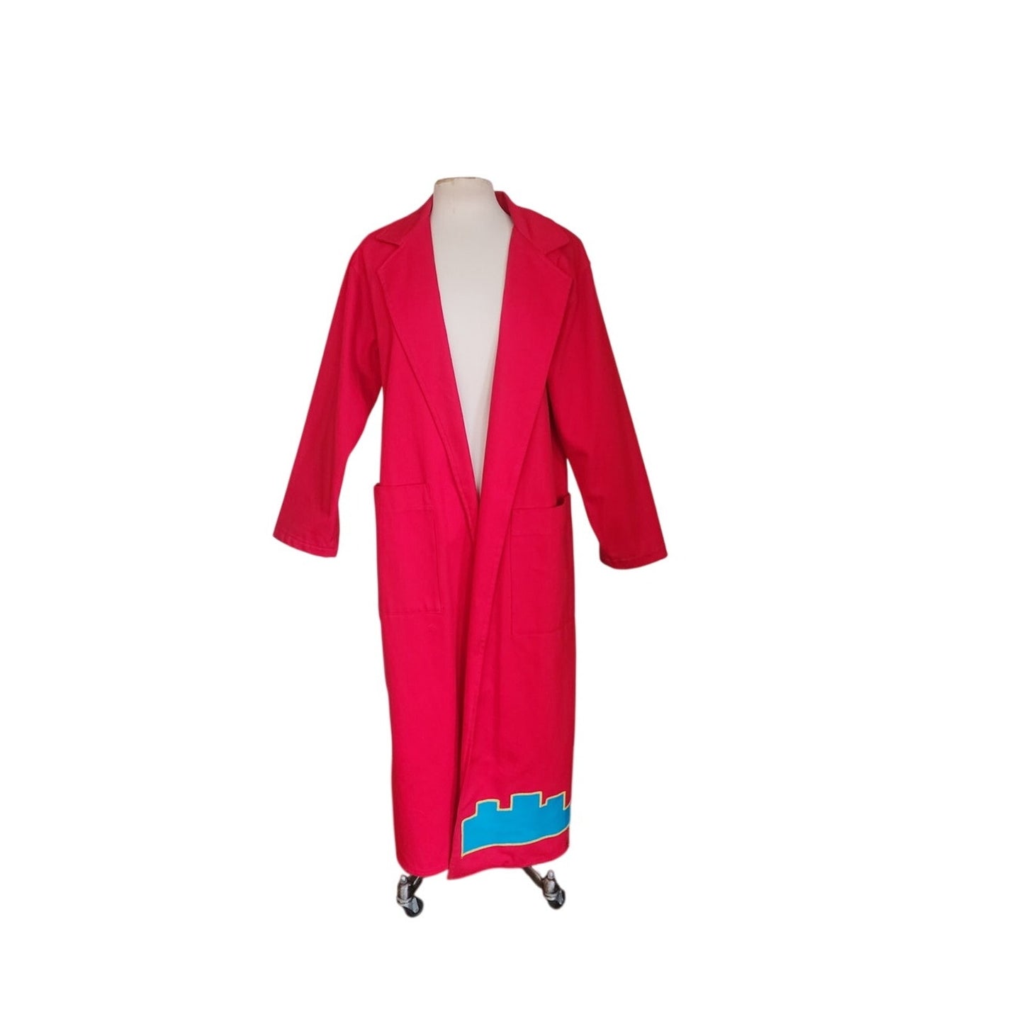 Vintage 80s Southwestern Coat Red Cotton Canvas Handpainted Indian Headdress Native American