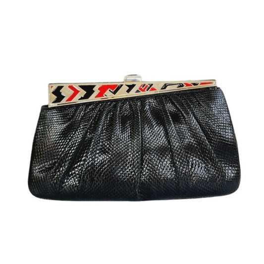 Vintage1980s Judith Leiber Bag Black Lizard w/Enamel Art Deco Panel
