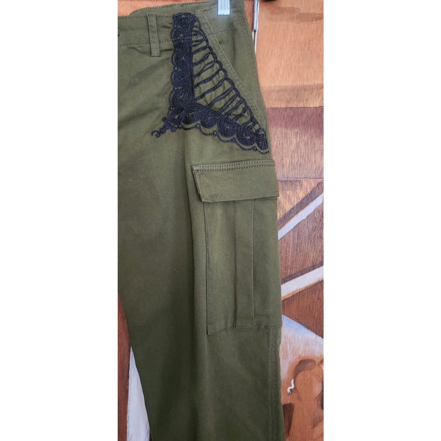 Lola Loves Cargo Designer Pants Green w/Black Lace Embroidery 30" Waist