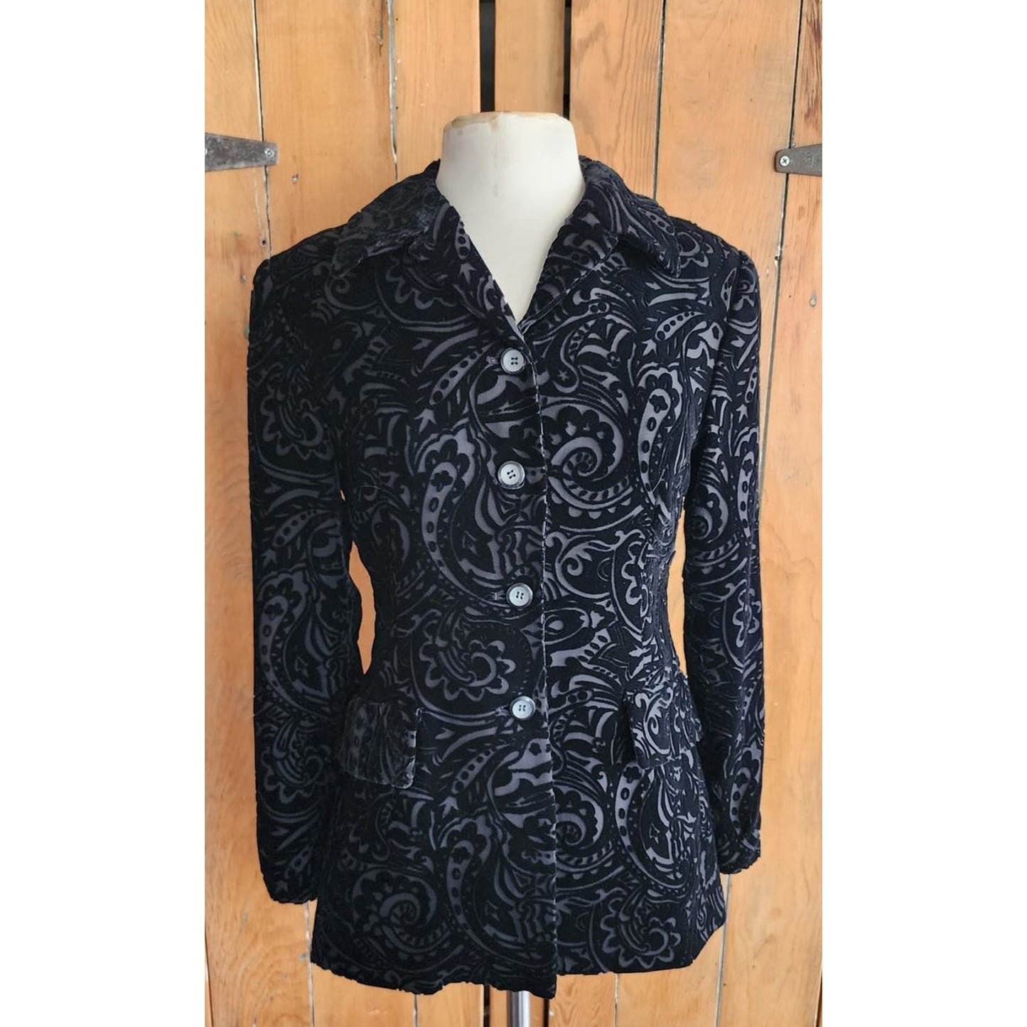 Vintage 90s Burnout Velvet Blazer Black Jacket Annie Alexander