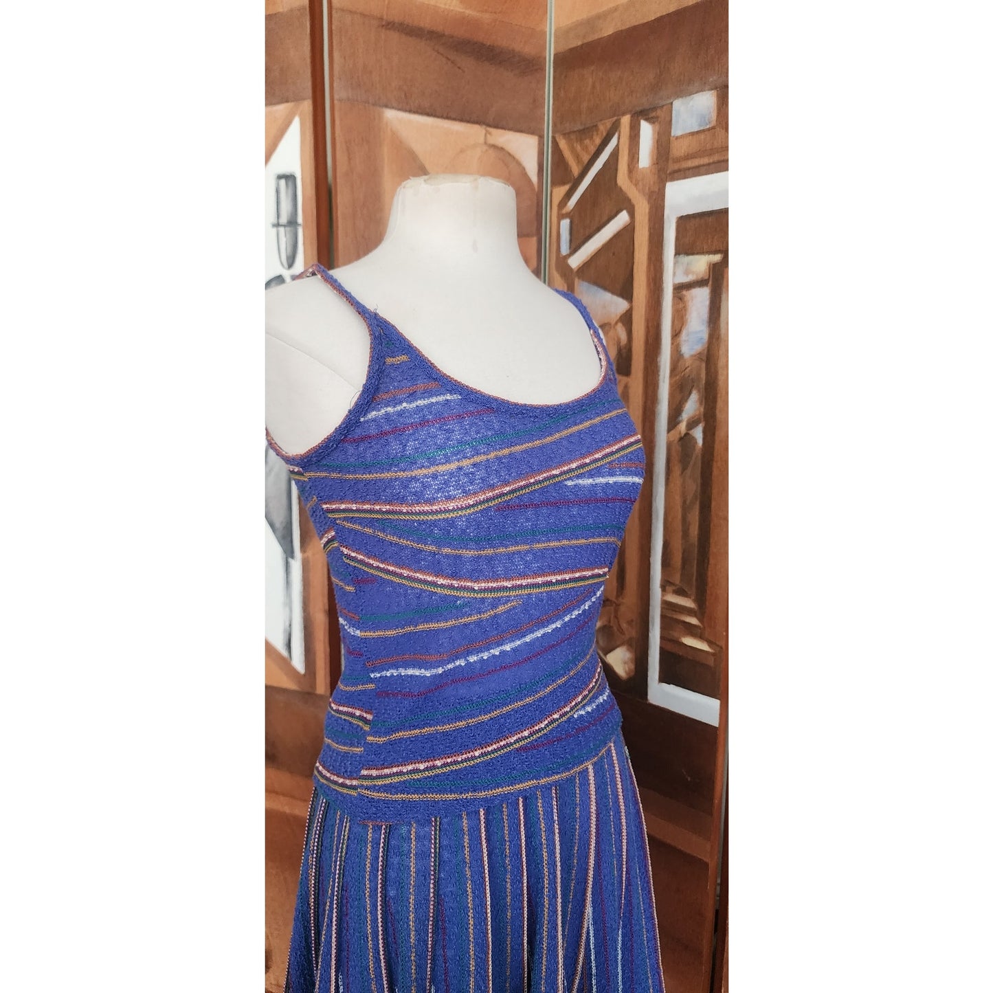 Vintage 1980s Missoni Set Knit Camisole Top Pleated Skirt Blue Stripe I Magnin