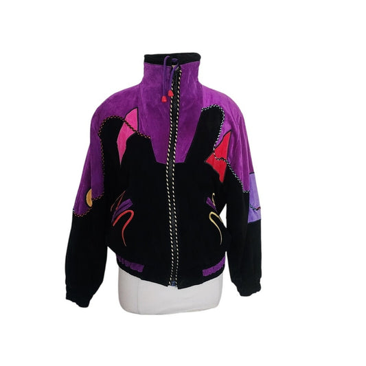Vintage 80s Suede Bomber Jacket Multicolored Patchwork Applique Mesa Ridge M