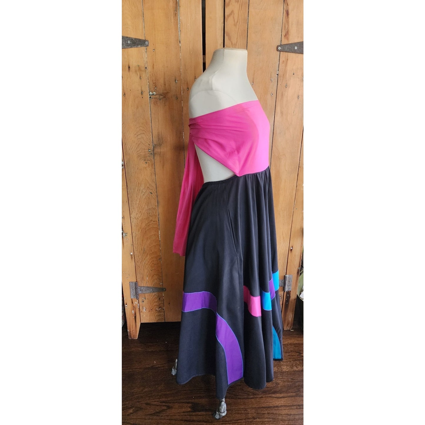Vintage 80s Circle Skirt Multicolored Cotton Applique Converts to Strapless Dress Opus 1