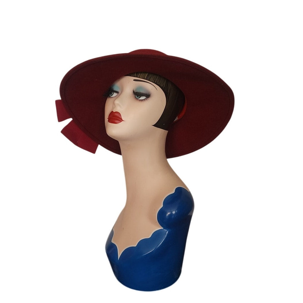 Vintage 1970s Burgundy Red Hat Ladies Fedora Wid Brimmed Georgi